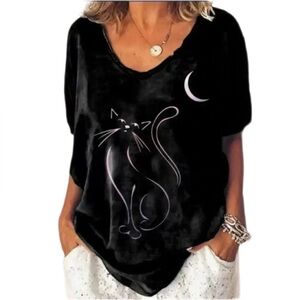 Black Graphic Tee with Black Cat Silhouette Crescent Moon Short Sleeve